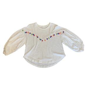 Women's Lush White Multi Color Pom Pom Long Sleeve Top Small